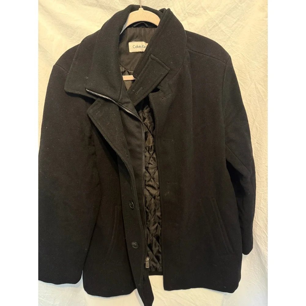 Calvin Klein Mens Black Wool Blend Quilted Lined Zip Up Button Front Coat Jacket